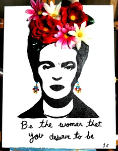 Hand paint Frida Kahlo Hand Painted canvas 3d Flowers art decoration 11"x14" - Picture 1 of 4