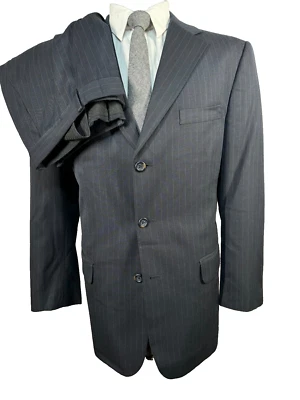 MERONA Mens Navy Blue Pinstripe Flat Front 2 Pc Suit 42R Jacket 36x28 Pant - Image 1 of 4