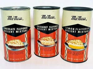 Vtg Furst McNess Flavored Dessert Mixture Tin Cans 3 Chocolate Cocoanut Lemon - Picture 1 of 11