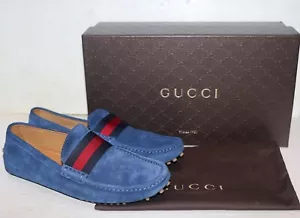 Authentic GUCCI 304763 Blue Suede Signature Web Driver Loafers 8.5 UK= 9 US - Picture 1 of 13