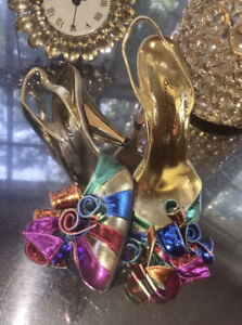 VINTAGE Beverly Feldman Metallic Gold Spiral Rainbow Sling back Pump Shoes 7.5 M