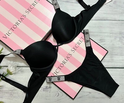 Victorias Secret Shine VS Correa Suave Bombshell Push Up Sujetador Conjunto Brasileño Negro Foto 1 de 4