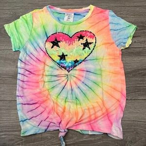 Flowers by Zoe T Shirt Girls sz Large 10 Tie Dye Pink Green Sequins Heart Stars - Picture 1 of 6