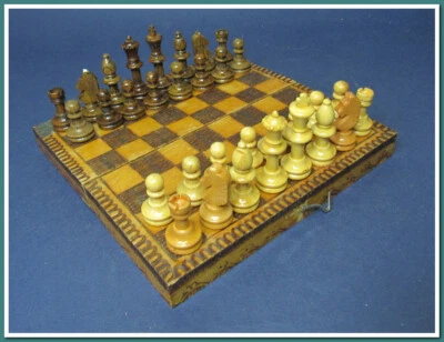 Vintage travel wood chess -Vintage small chess set 1980-game box-mini #42251 - Image 1 of 4