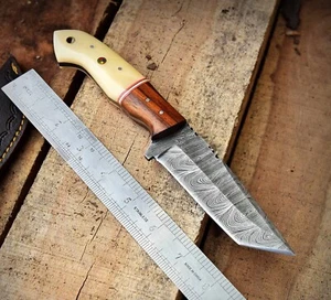 Custom Handmade Damascus Steel Skinner Hunting Knife Camel Bone & Wood  Handle - Picture 1 of 5