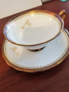 Royal Chelsea English Bone China Monogrammed "A" Cup Saucer Gold and Ivory - Picture 1 of 9