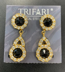 Pendientes Trifari Cristal Estrás Negro y Transparente Tono Dorado Cuelgan Perforados - Imagen 1 de 5