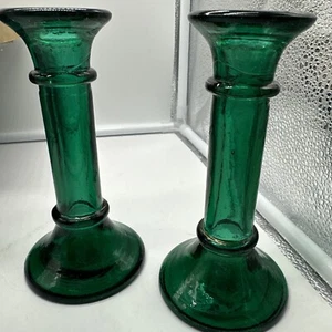 Vintage Green Spruce Glass Pair of Column Candle Holders - Picture 1 of 5