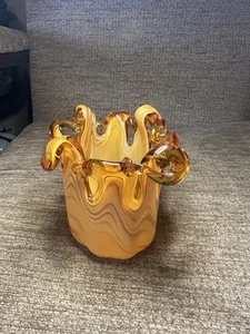 EINE ATEMBERAUBENDE ECHTE MURANO MUNDGEBLASENE BERNSTEIN GLAS VASE SCHALE - Bild 1 von 4