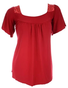 Camiseta túnica elástica cuello cuadrado hombro encaje lentejuelas brillantes talla 22 - Imagen 1 de 3