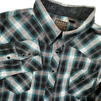 Roper Western Shirt Plaid Long Sleeve Snap Front Cowboy 2XL Blue Black White - Image 1 of 4