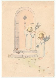 1938 Maria Soffiantini angeli rami di ulivo cartolina pasquale d'epoca - Foto 1 di 2