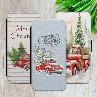 CHRISTMAS TRUCK FLIP CASE FOR IPHONE SAMSUNG GOOGLE ART GIFT WALLET PHONE COVER - Image 1 of 4