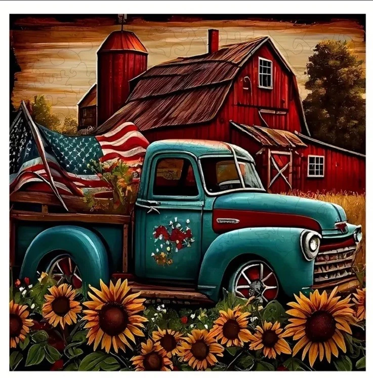 Деревянная головоломка старый грузовик и фермерская сцена, американский флаг лобзик 11 дюймов x 11 дюймов большой - Изображение 1 из 4