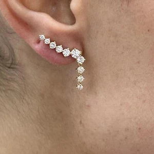 Round Labcreated Diamond Climber Earrings 1.29ct E/VS1 Solid 14K Yellow Gold - Picture 1 of 6