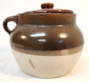 Vintage Blue #1 One Stoneware Crock W Lid Bean Pot Handle Brown Tan Signed gh - Picture 1 of 18