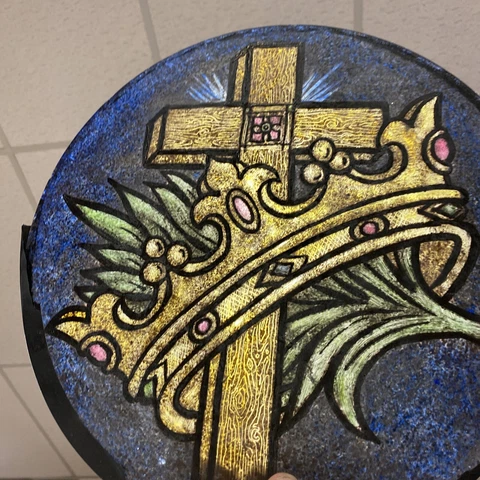ANTIQUE VTG CHURCH STAINED GLASS WINDOW PANEL ARCHITECTURAL SALVAGE CROSS CROWN Cover