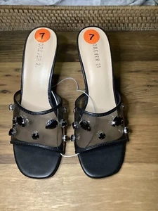 New Forever 21 Round Toe Slide Dress Heels Open Toe Sz 7 Black Clear Rhinestone - Picture 1 of 6