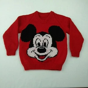 Handmade Mickey Mouse Jumper Size 3-4 Red Knitted Knit Sweater Boys Girls - Picture 1 of 7