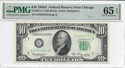 1950A $10 CHICAGO FRN. PMG GEM Uncirculated 65 EPQ Banknote. - Image 1 of 2