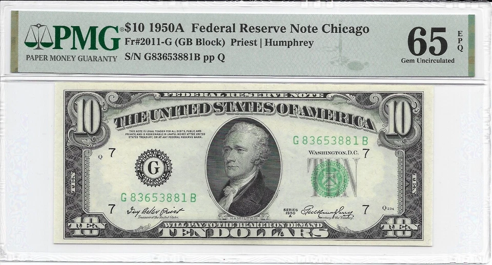 1950A $10 CHICAGO FRN. PMG GEM Uncirculated 65 EPQ Banknote. - Image 1 of 2