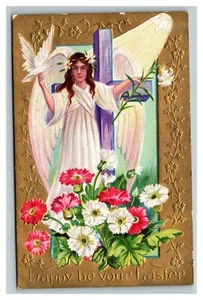 Vintage 1910's Winsch Easter Postcard Angel Doves Purple Cross Colored Flowers - Picture 1 of 2