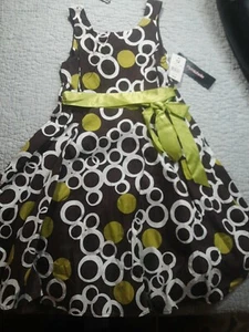 My Michelle Brown Lined Sleeveless Girl's Meeting Dress Sz 12 Circles Big Dots - Picture 1 of 12