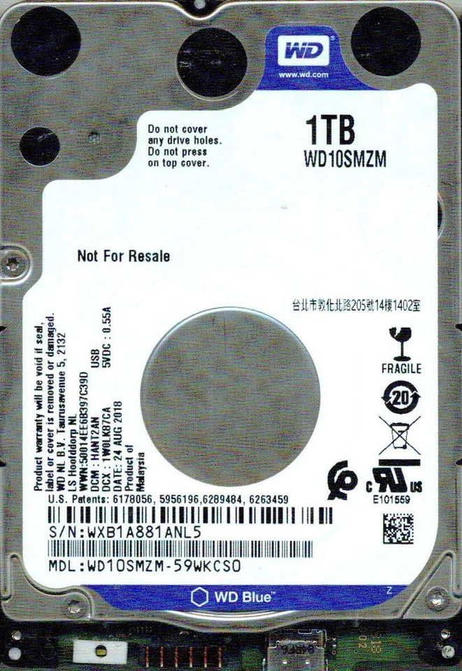 WD10SMZM-59WKCS0,  HANT2AN  USB-C   WESTERN DIGITAL SATA 1TB  WXB1  AUG 2018 - Image 1 of 1