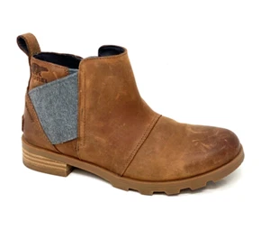 Sorel Emelie II Chelsea Tan Leather Grey Trim Waterproof Boots Women's Size 5.5 - Picture 1 of 16