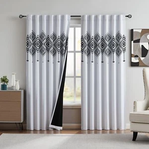 Black And White Full Blackout Curtain Panels For Bedroom Tribe Ethnic Geometric - Picture 1 of 7