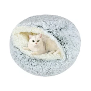 Cat Bed Round, Hooded Cat Bed Cave Fluffy Dog Beds, Cozy Donut Anti Anxiety D... - Picture 1 of 7