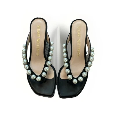 Stuart Weitzman Goldie Pearl Strap Block Heel Thong Slides Black Leather 7 Party - Image 1 of 4