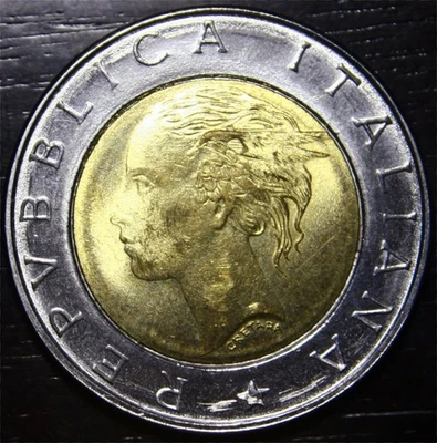 1996R Italia 500 liras bimetálico aluminio bronce centro en anillo de acero inoxidable Foto 1 de 2