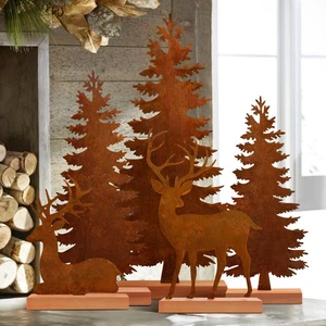 Set of 5 Metal Christmas Tree and Deer Tabletop Decor, Rusty Steel Vintage Ev... - Picture 1 of 7