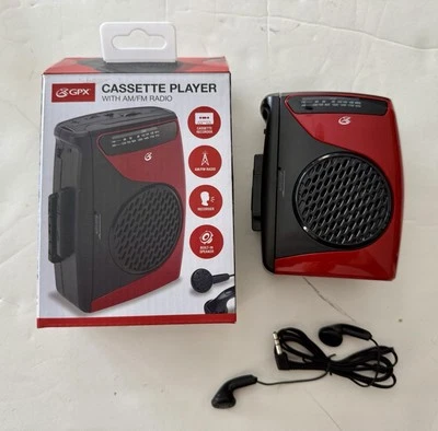 GPX AM/FM Cassette Player Recorder + Integrated Speaker + Earbuds Open Torn Box