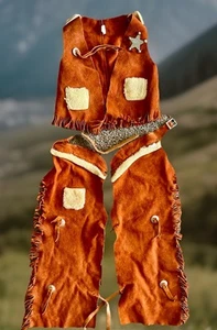Kinder Wildleder Leder Chaps & Weste Fransen Größe M Vintage Burnt Orange - Bild 1 von 22