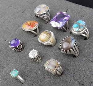 Vintage Konvolut 10 Vintage Sterling Silber Ringe 81 Gramm Achat Amethyst Smaragd Türkis - Bild 1 von 13