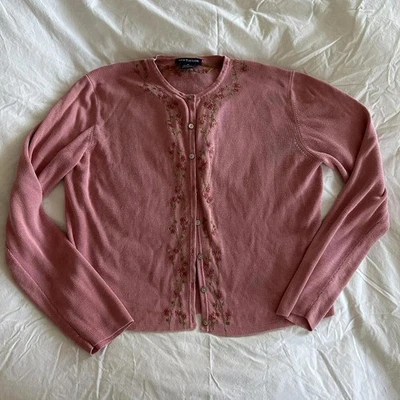 Cárdigan vintage Ann Taylor tejido seda rosa floral bordado abotonado pequeño Foto 1 de 4