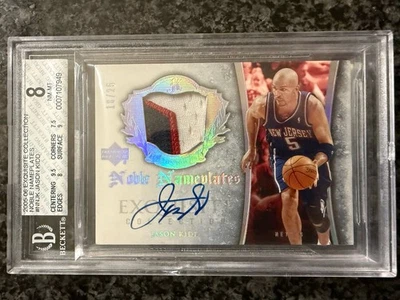 JASON KIDD BGS 8 2005-06 UD EXQUISITE NOBLE NAMEPLATES GU PATCH AUTO #/25 - Image 1 of 3