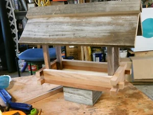 Bird Feeder - Handcrafted-log house hardwood base-barn lumber roof - Picture 1 of 3