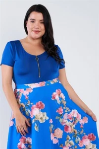 JUNIOR PLUS SIZE ROYAL BLUE ZIP FRONT SHORT SLEEVE BODYSUIT - Picture 1 of 4