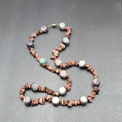 Pink Agate Stone and Pottery Art Bead Necklace 26" Barrel Clasp Artisan - Image 1 of 4