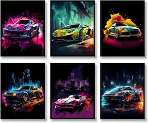 Car Wall Art Prints Set of 6 Street Racing Car Posters Fashion Wall Decor Colorf - Picture 1 of 12