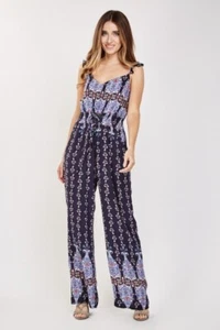 FEE RED PARIS Navy Blue & Ethnic Print Frill Strap Wide-Leg Jumpsuit UK X/XL NWT - Picture 1 of 6