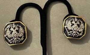 Vintage JOAN RIVERS Black Enamel Rhinestone Imperial Russian Eagle Clip Earrings - Picture 1 of 5