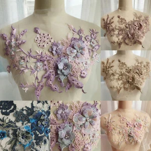 3D Flower Embroidery Applique Beaded Bridal Lace Tulle Trim Wedding Dress Decor - Picture 1 of 14