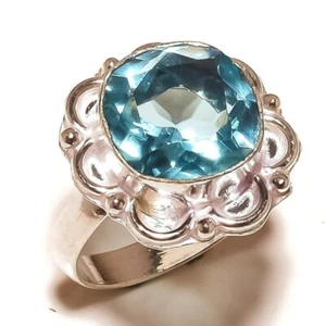 Diamond Cut Round Blue Topaz Gemstone 925 Silver Handmade Engraved Ring US-10.25 - Picture 1 of 2