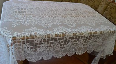 Heritage Lace Rectangular 60 x 118 Tablecloth White Roses Criss Cross Design #96 - Image 1 of 3