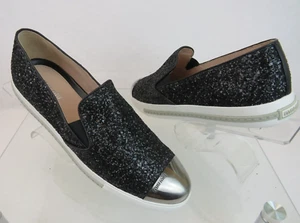 NIB MIU MIU 5S9562 BLACK GLITTER METAL CAP TOE LOGO LOAFERS SLIP ON SNEAKERS 41 - Picture 1 of 16