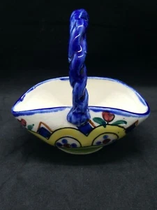 Vintage Handpainted Porcelain Basket Braided Handle Small  4"× 4"  Blue Yellow  - Picture 1 of 6